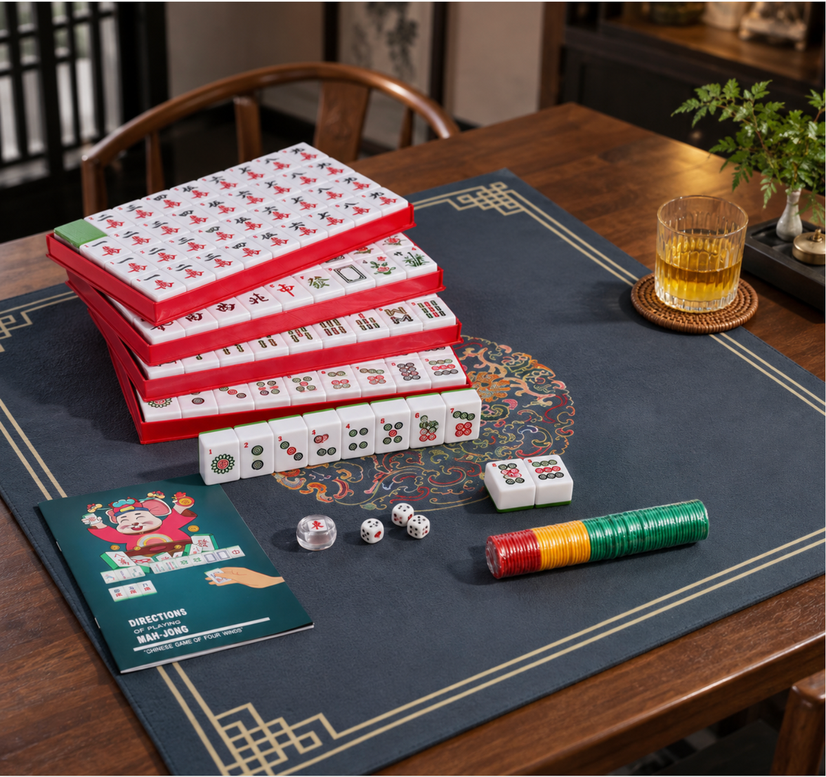 Chinese Tiles +  Mahjong Mat Set. A complete combination with tiles and the mat. Bring the experience of our Mahjong Club home!

These are high-quality imported Chinese Mahjong tiles selected for their substantial weight, smooth feel, durab